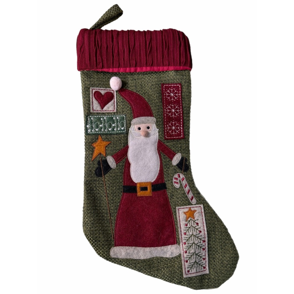 Hobby Lobby Christmas Stocking Green Burlap Santa Claus Felt Applique Red Cuff